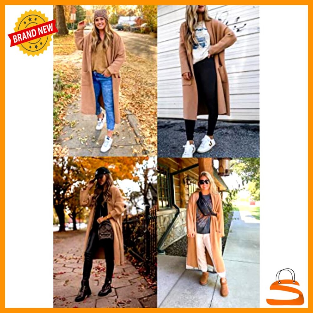 Oversized Knit Maxi Cardigan Open Front Long Sleeve Lapel Coat with Pockets - Picture 4 of 7